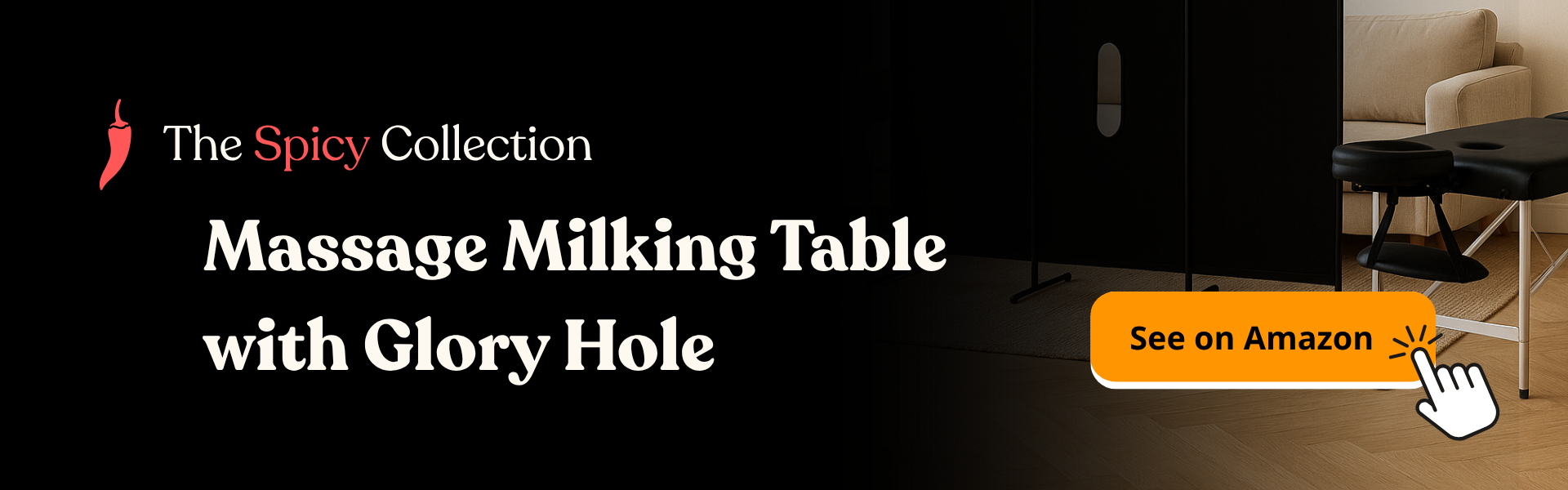 Massage milking table with glory hole shown in discreet home setup – The Spicy Collection