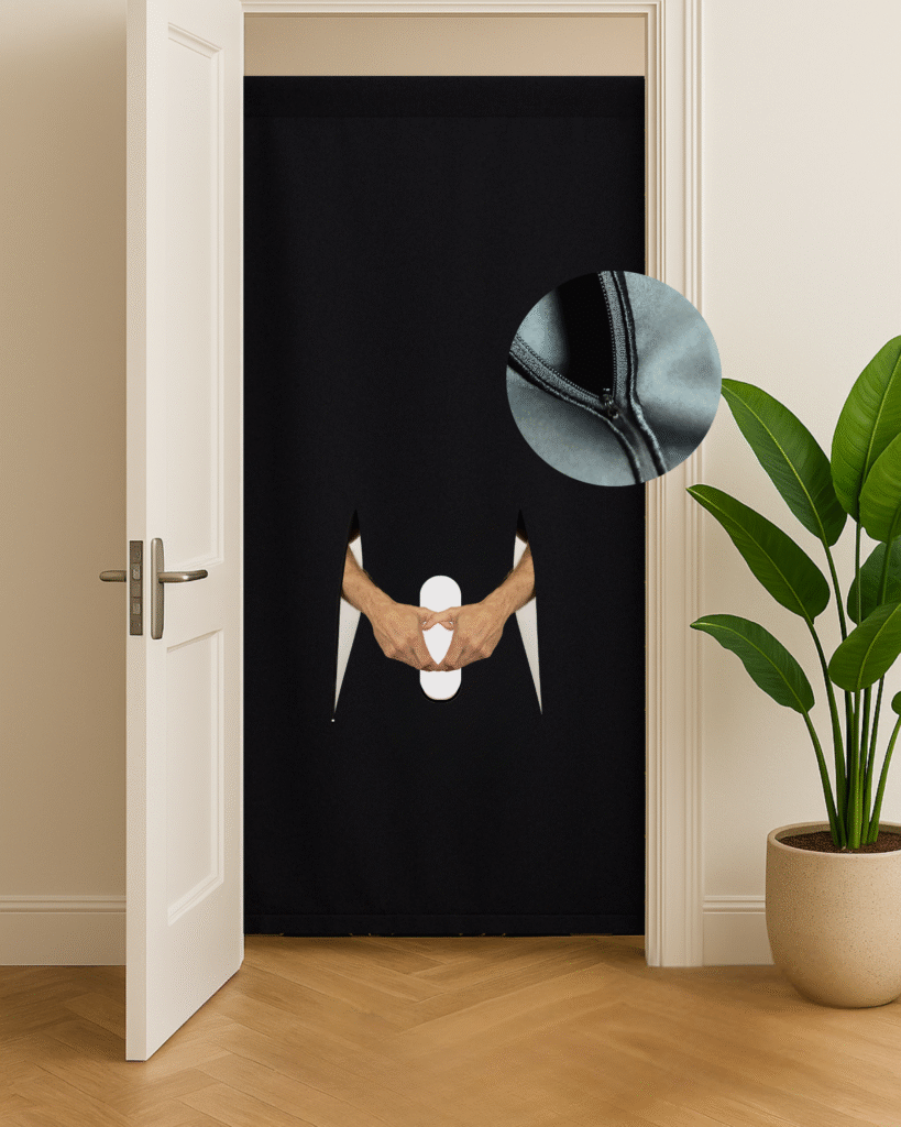 The Hands-On Glory – portable doorway mount glory hole with zippers for hands and no-drill setup.
